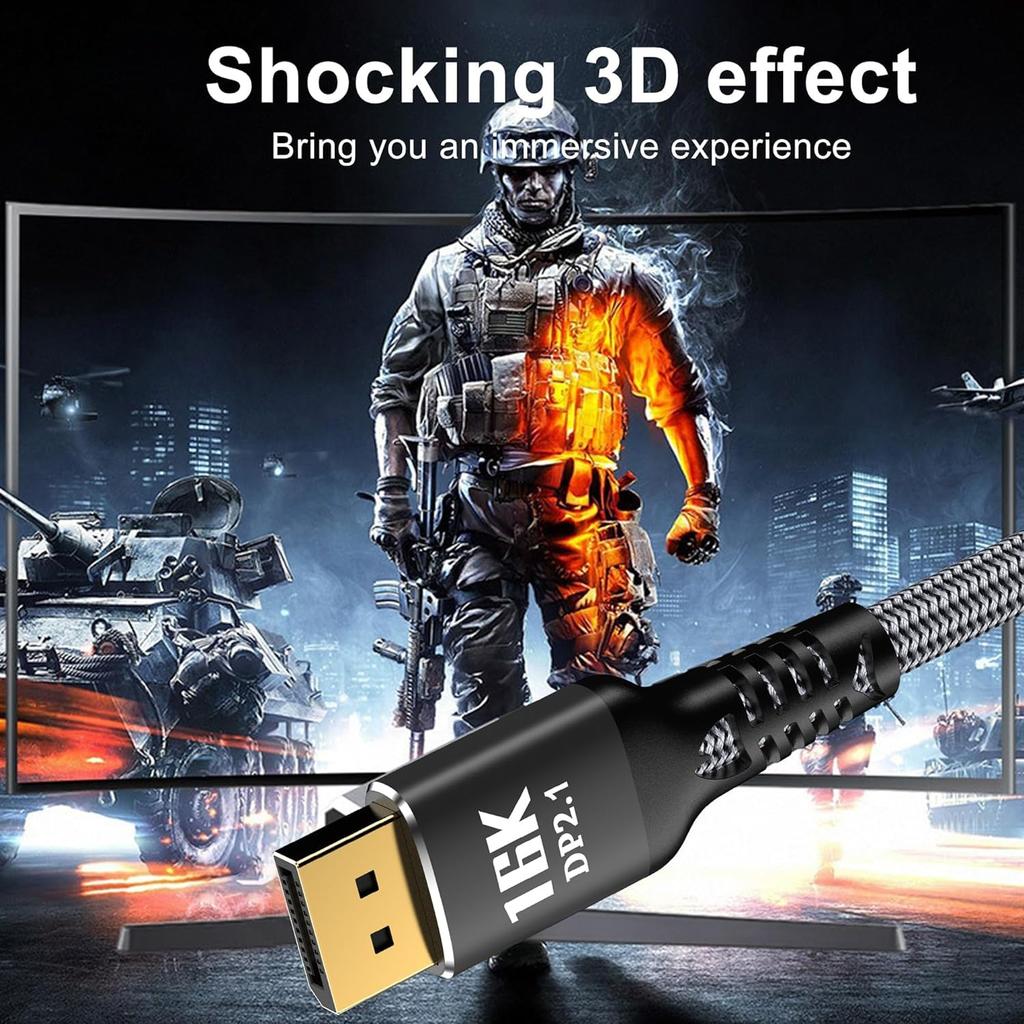 16K DisplayPort Cable 2.1 [16K 60Hz, 8K 120Hz, 4K 240Hz 165Hz 144Hz, 80Gbps HDR10 HDCP DSC 1.2a] Braided DP 2.1 for FreeSync G-Sync Gaming Monitor