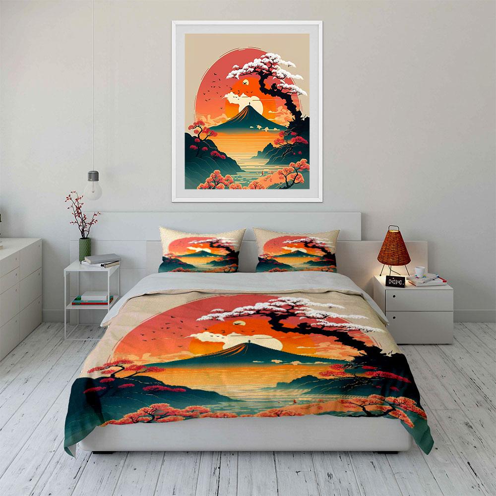 Japanese Landscape Art Set Bedding Set with 1 Duvet Cover 2 Pillowcases Single Double King Queen, Gift