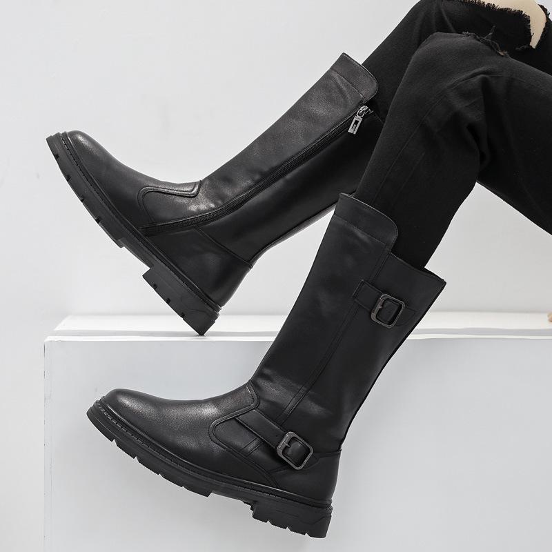 Fashion Size 38-46 Men's Fashionable High-Top Leather Boots Genuine Cowhide Shoes Side Zipper Thick-Sole Cowboy Boots for Everyday Wear