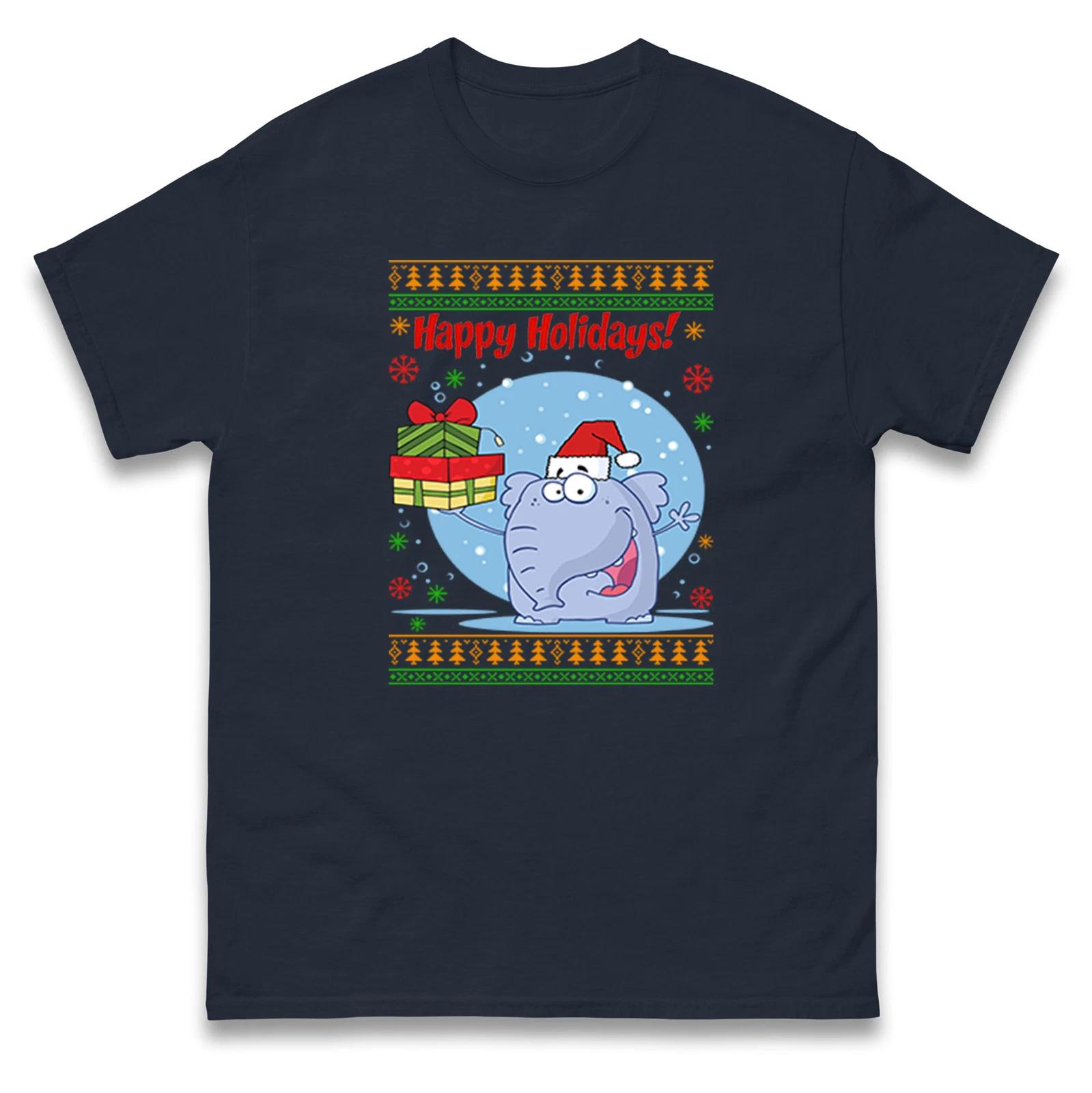 Happy Holidays Christmas T Shirt,Santa Elephant Funny Xmas Christmas Tee L
