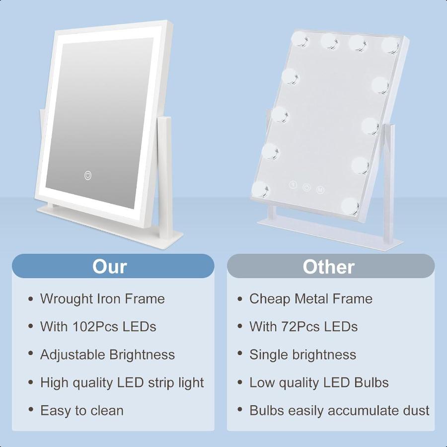 Makeup Mirror with Lights Lighted Up Vanity Mirror with Touch Control 3 Color Lighting Modes Dimmable 360Rotation for Vanity De