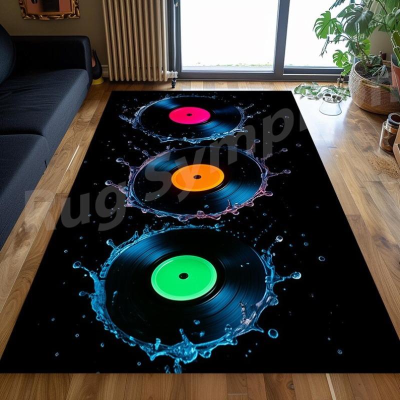 Retro Vinyl Record  Living Room Large Carpet Realistic Design with Black Base and Gold Patterns Anti-slip Rug for Home Decor