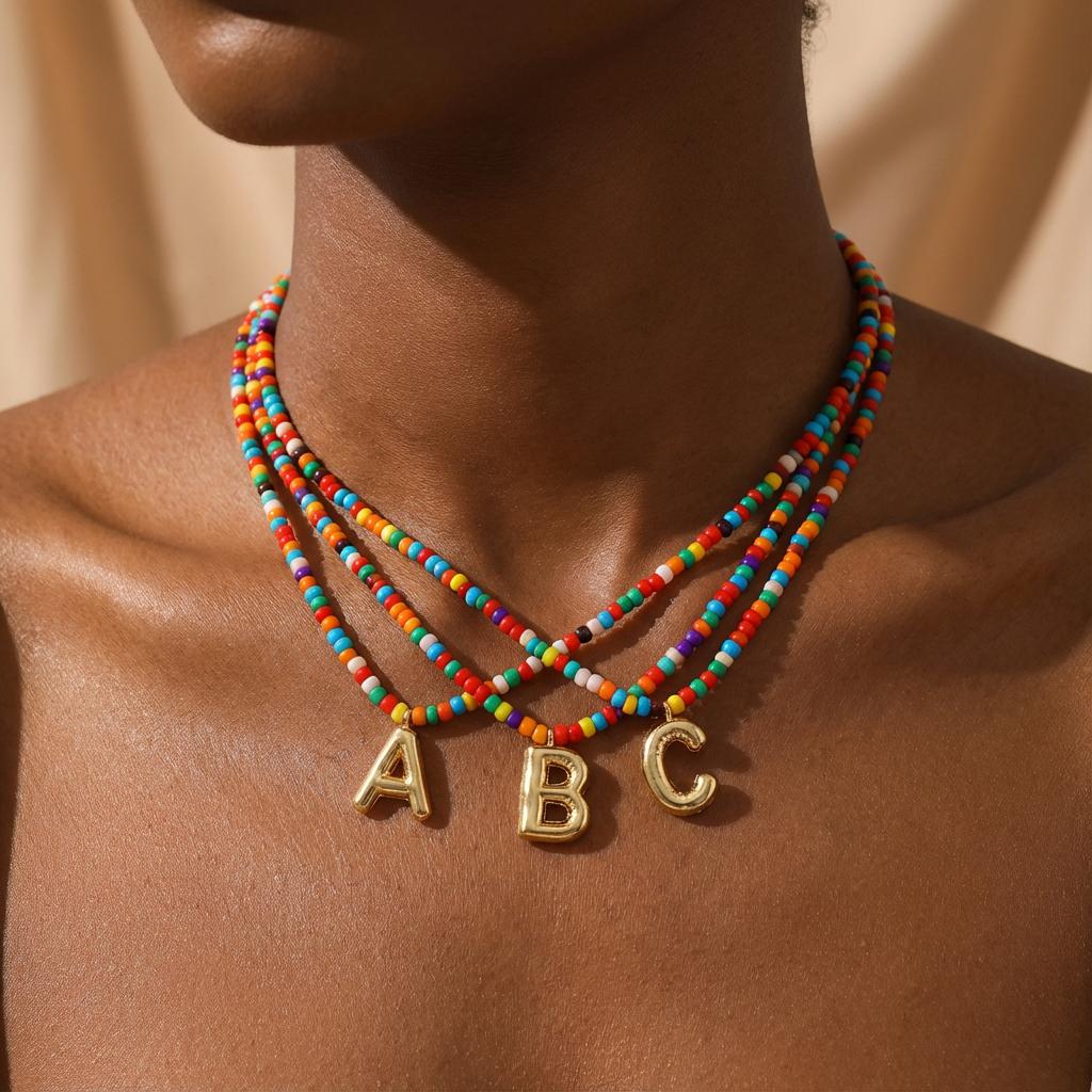 Gold Color Initial Letter Necklace for Women Bohemian Colorful Bead Choker A-Z Pendant Alphabet Personalized Fashion Jewelry A золотой