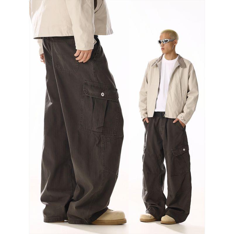 American Retro Washed Distressed Deconstructed Cargo Pants for Men and Women with Loose Straight-Leg Wide-Leg Design and Pleated Details