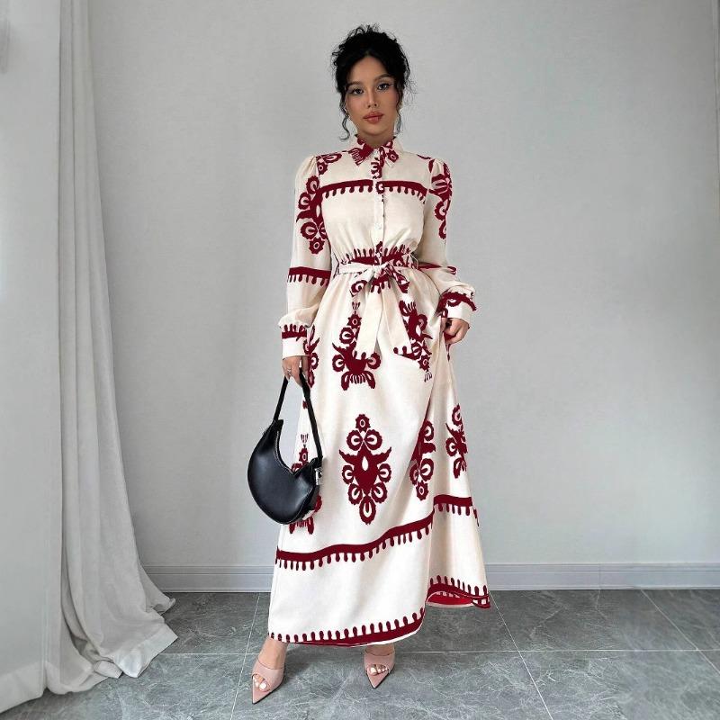 Women's Long Sleeve Geometric Print Maxi Dress Button Down With Waist Belt