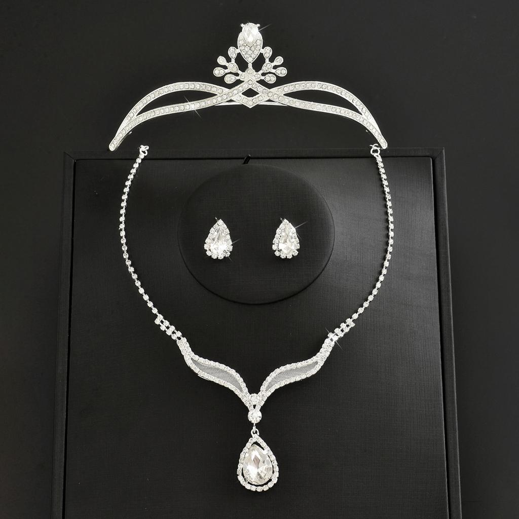High-End Light Luxury Jewelry Set Three-Piece Set, Wedding Bride Exquisite Headgear, Earrings, Necklace, Crown Accessories