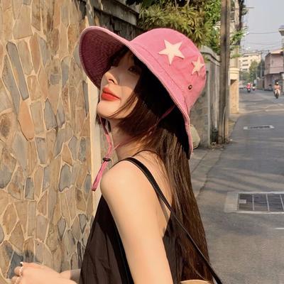 Rosa Sternenmuster Western Cowboy Hüte für Damen Retro Unifarbene Sonnenschutz Fischerhüte Koreanisches Mädchen Hip Hop Denim Hüte