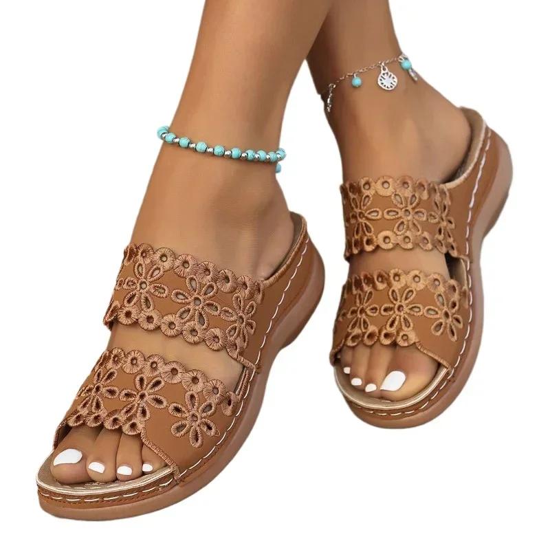 Women's Shoes 2025 Hot Sale Open Toe Women's Slippers Summer Rome Solid Outdoor Casual Beach Wedge Heel Large Size Slippers