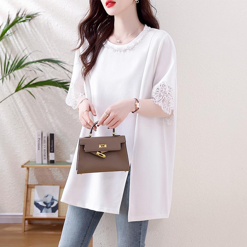 

DIMANAF 2025 Летняя женская футболка больших размеров, классическая, повседневная, свободная, кружевная, сшитая, элегантные топы, футболки, большие размеры 4XL белый