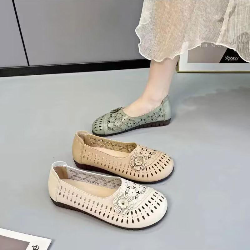 Summer Old Beijing Cloth Shoes Women's Breathable Mesh Shoes Beef Tendon Non-slip Soft Sole Medium Mother Shoes Casual Soft-sided Sandals