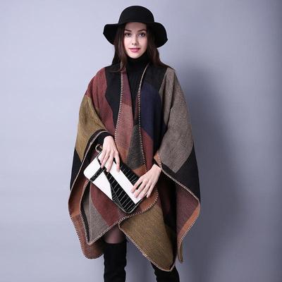 European and American Style Women's Fashion All Match Checked Scarf  Autumn and Winter Warm Thickened Travel Shawl Ethnic Style Split Cashmere Cape