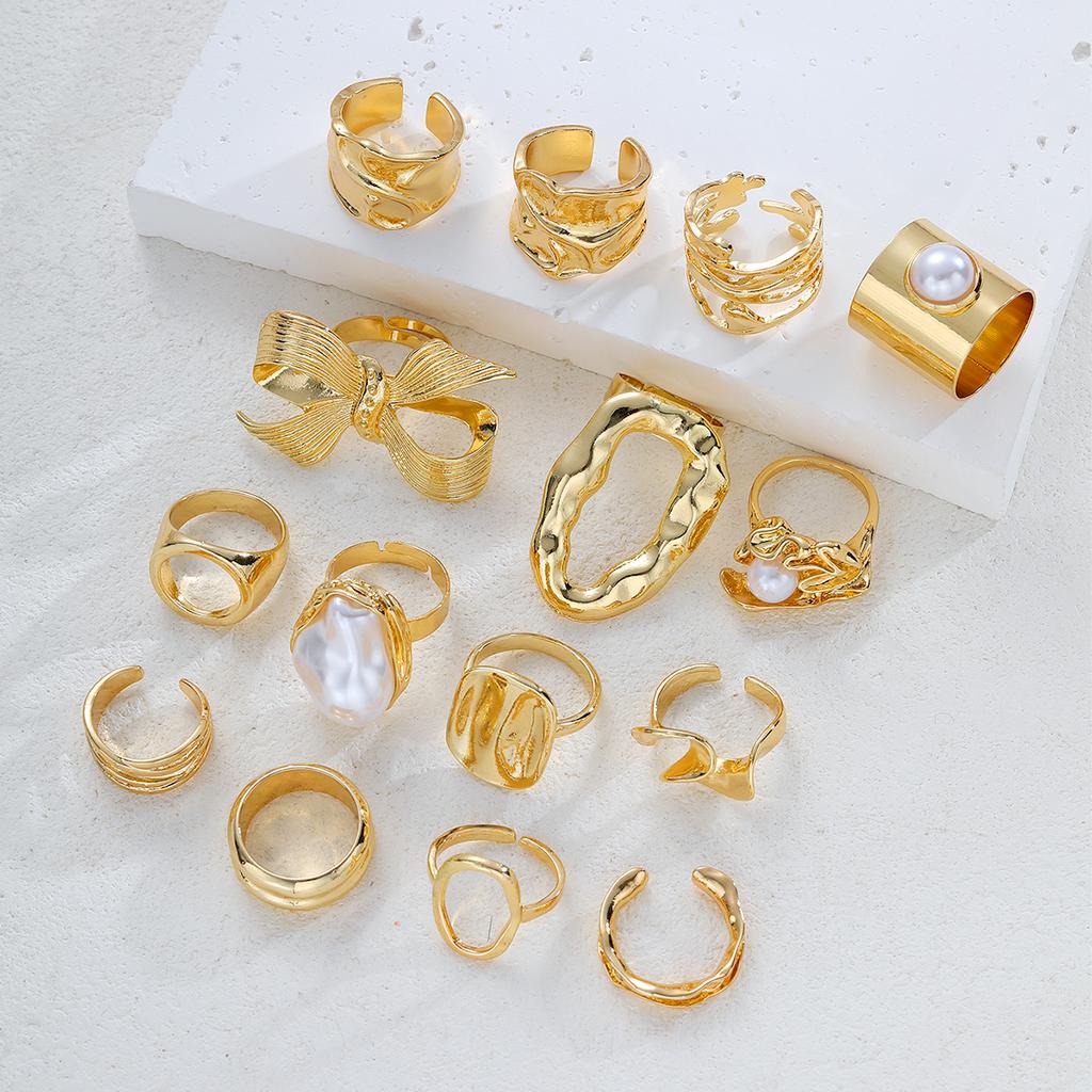 15Pcs Gold Color Bow Pearl Ring Set For Women Irregular Lava Texture Chunky Bow Knot Pearl Inlaid Finger Ring Trendy Jewelry New