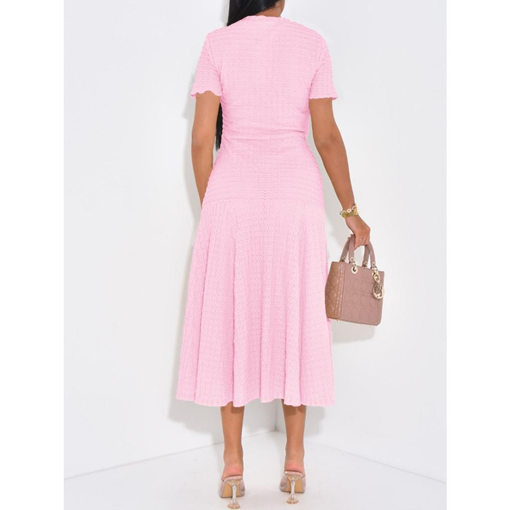 Slimming Knitted Dress Hollow Out Short Sleeve Lace Trim Waist Cinched Long Fashionable Sweater Dress