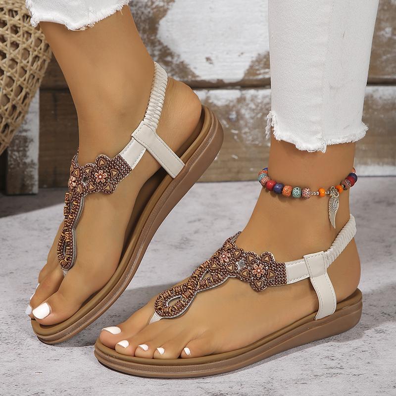 Lucyever Women's Bohemian Style Flat Sandals Beaded Clip Toe Gladiator Sandals Woman 2024 Summer Anti Slip Beach Shoes Size 42