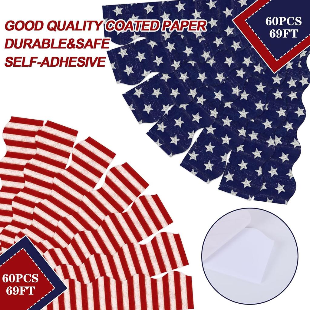 Whaline 69Ft 4th of July Bulletin Board Border 60Pcs Patriotic Stars Stripes Trim Border Stickers for Independence Day Memorial Day School Classroom
