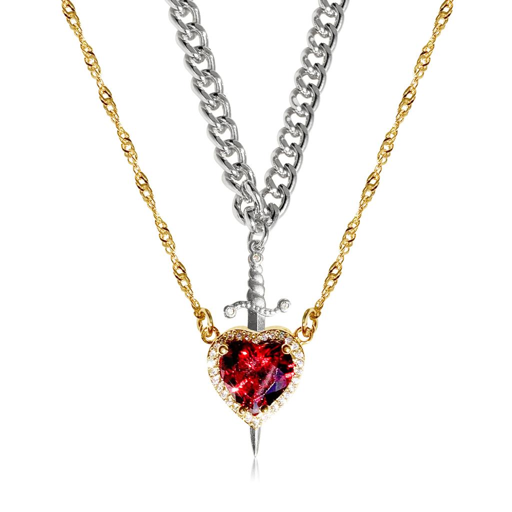 Gold Red Crystal Heart Dagger Pendant Layered Necklace Heart And Sword Necklace For Valentine's Day Couple