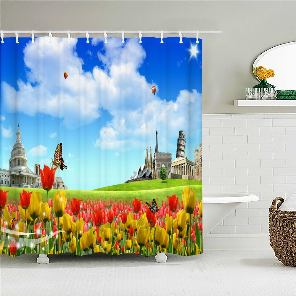 Rural Nature Scenery Shower Curtains Bathroom Polyester Waterproof Shower Curtain Lavender Printing Curtains For Bathroom Shower W60H190(CM)-1 Pcs