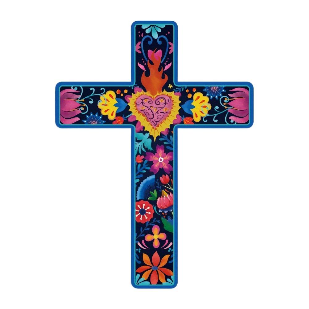 11.8*16 inch Floral Cross Wall Decor Easter Mexican Style Wall Mounted Cross Wall Art Decor Wooden Christians Hanging Sign