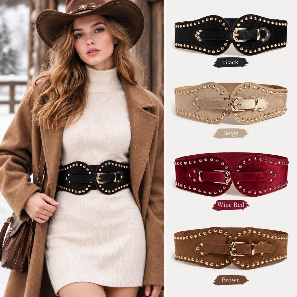 Adjustable Suede Rivet Belt PU Leather Elastic Cummerbunds Elegant Waist Seal Skirt Accessories