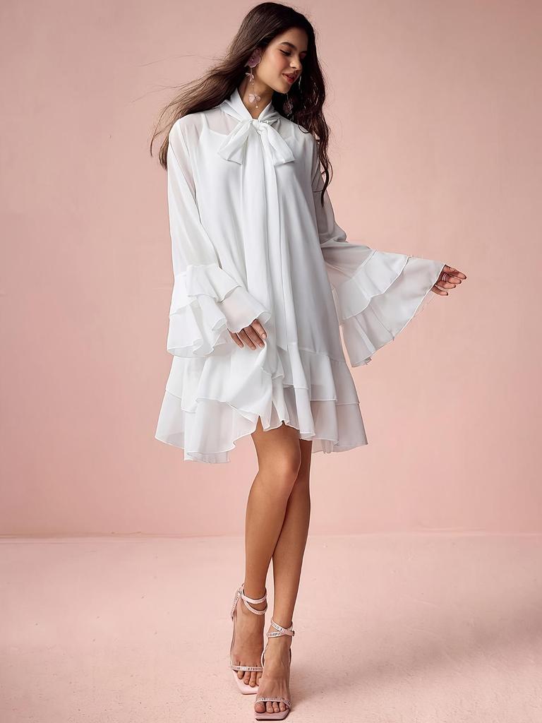 Spring Summer Elegant Women's Chiffon Patchwork Long Sleeve Dress