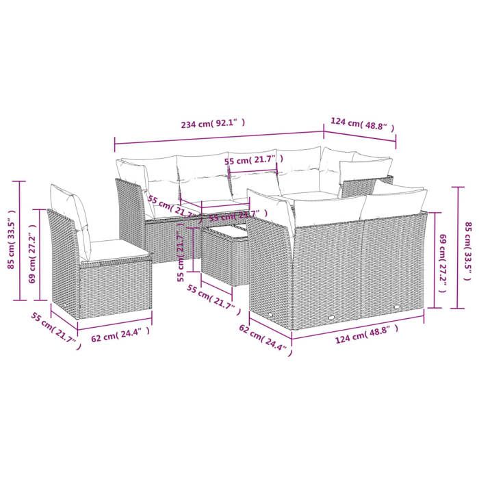 VidaXL Salon de Jardin avec Coussins 9 pcs, Canapés de Terrasse, Ensemble de Meubles de Patio, Mobilier d'Extérieur, Marron 3217944