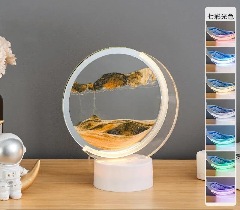 3D Sandscape Moving Sand Art Picture Table Lamp with 7 Colors Quicksand Liquid Hourglass Flowing Sand Painting Home Decor Gifts