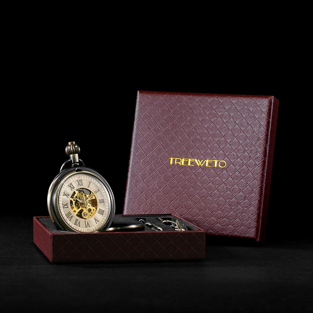 TREEWETO Klasické mechanické kapesní hodinky s římskými číslicemi a řetízkem, bronzové