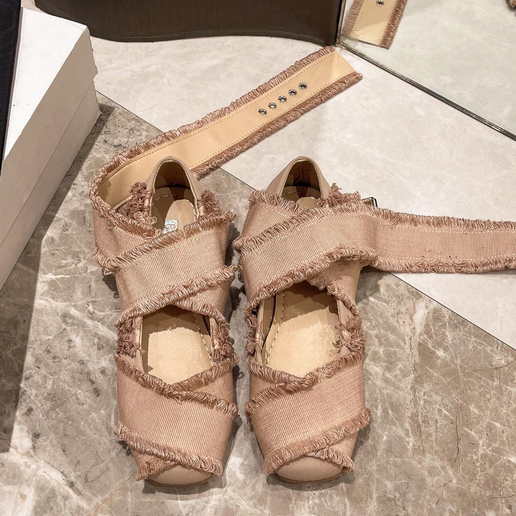 2025 new tassel cross-strap ballet shoes women's summer retro square head shallow mouth flat bottom Mary Jane single shoes