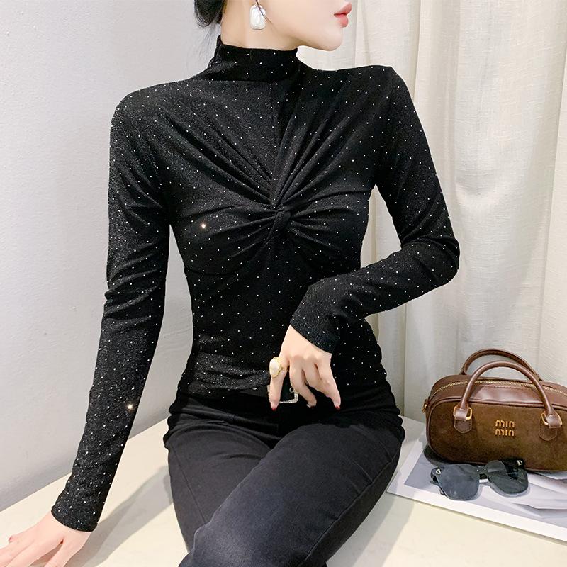 Stylishable Age-reducing Ironing Top for Women In Winter Half-high Neck Bottoming Blouse Tight Pleated Inner Long-sleeved T-shirt Small Blouse Trendy