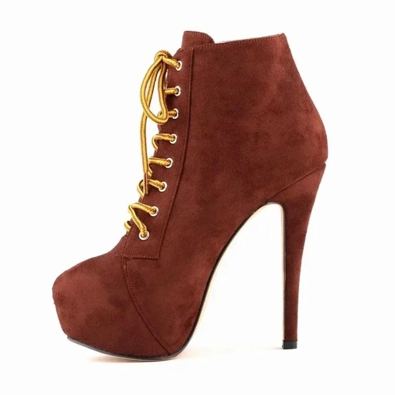 Women Boots Stiletto Autumn Winter Fashion 14cm Sexy Platform Round Toe High Heels Pumps Lace-Up Ankle Flock Shoes Large Size 43