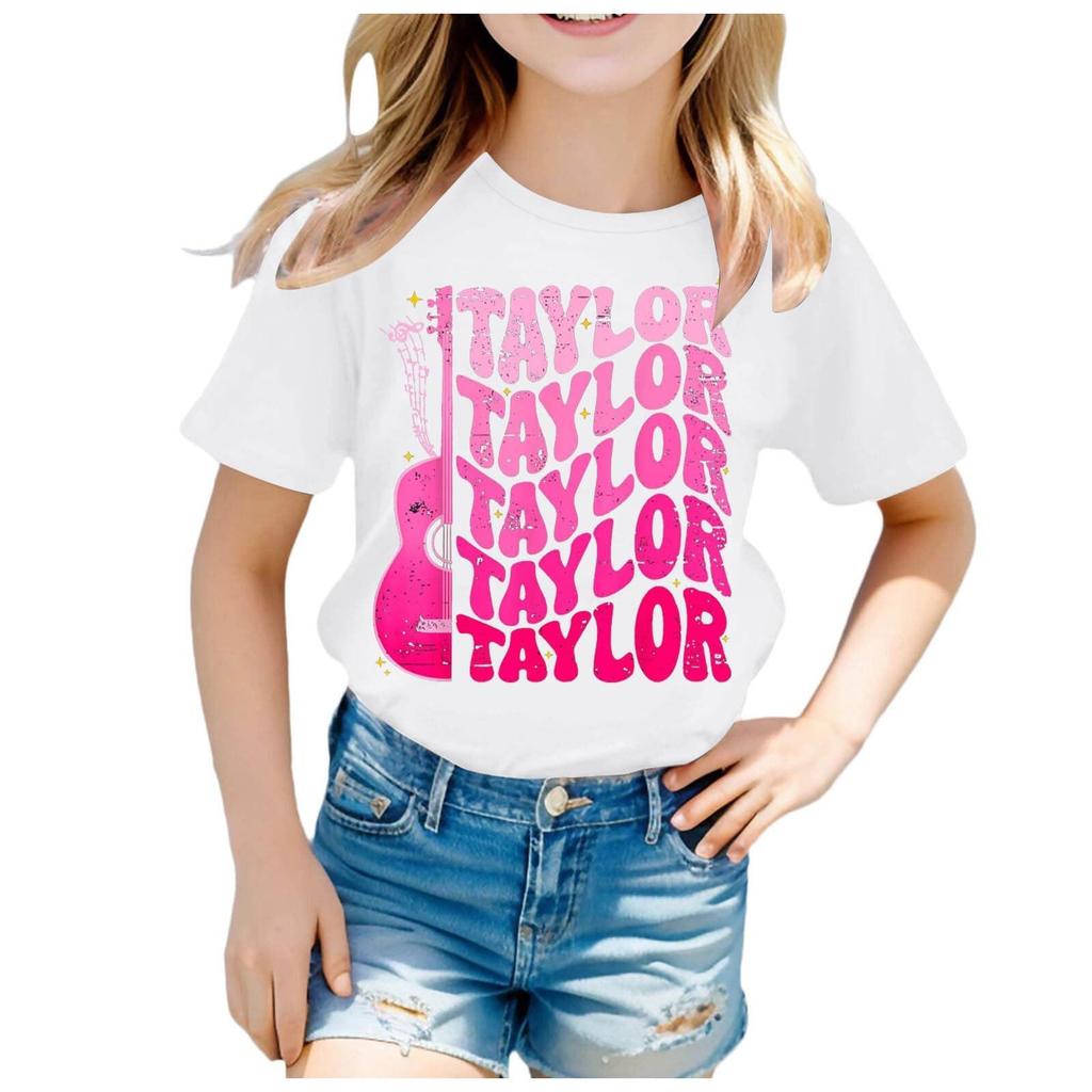 Summer Round Neck 3D Guitar Printed Top Fashionable Casual Short Sleeved Children's Girl T-shirts