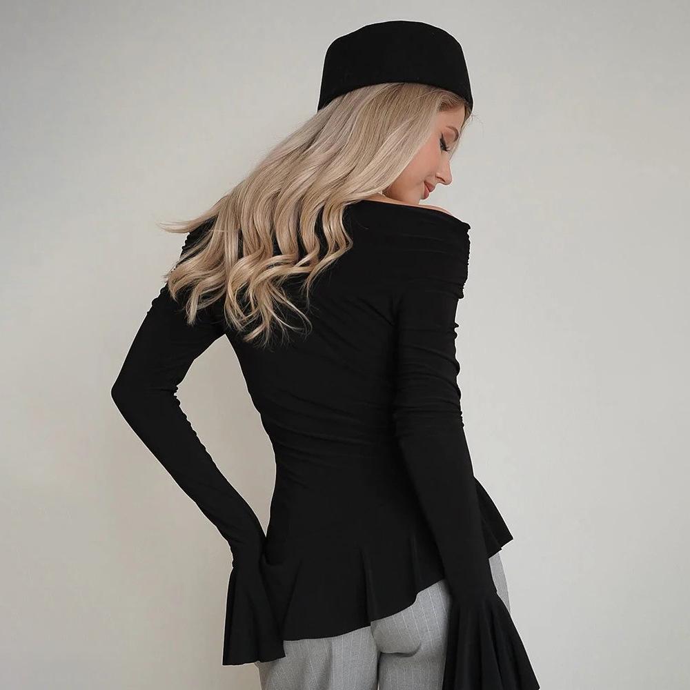 2025 Podzim Halenka s odhalenými rameny, volánky a dlouhým rukávem, slim fit