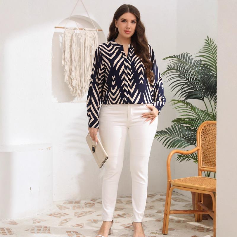 Vintage Printed Loose Long Sleeve Plus Size Commute Blouse For Women
