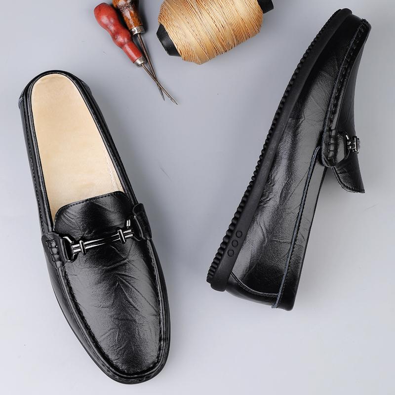 Plush Penny Loafers Men Casual Shoes Leather Dress Shoes Slip-on Sneaker Flats Winter Fur Moccasins Fleece-lined Driving Shoes