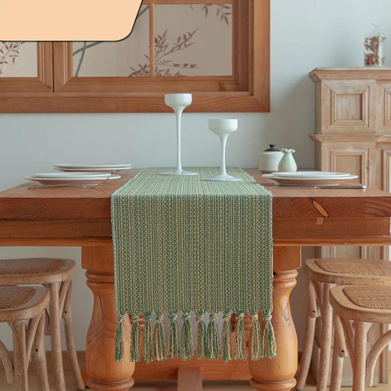 

High Quality Striped Table Runner with Tassels Luxury Anti-Scratch Tea Table Mat for Office Home Soft Reusable Dining Decoration 35x140cm зелений