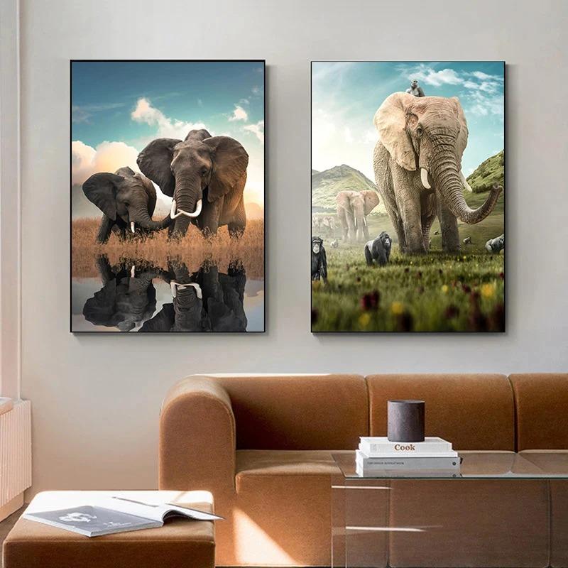 Elephant Baby Family Poster Print Modern Wildlife Animal Wall Art Canvas Painting Picture Nature Landscape for Living Roon Decor
