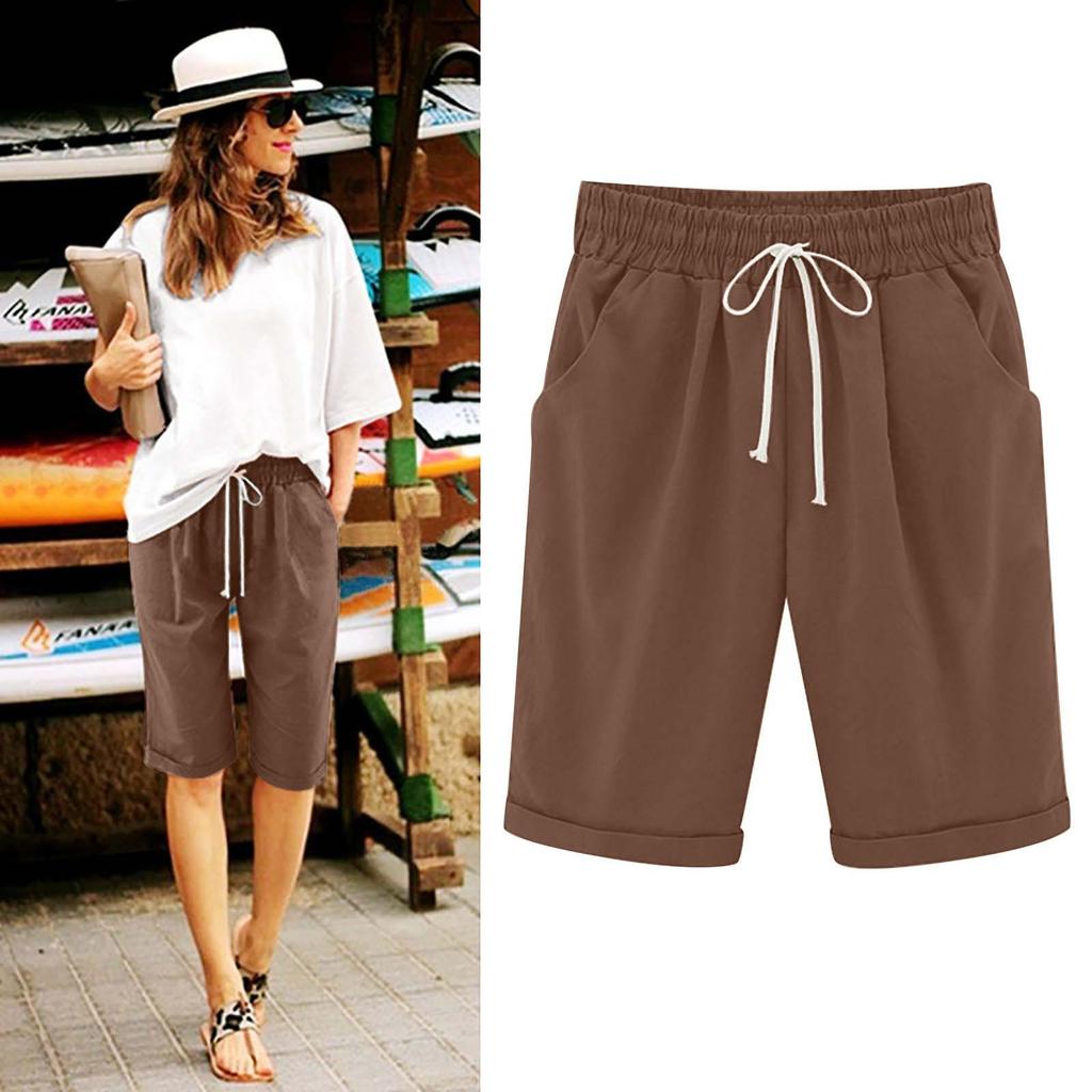 Women's Casual Loose Beach Pants Color Loose Casual Fifth Pants Pockets Linen Shorts