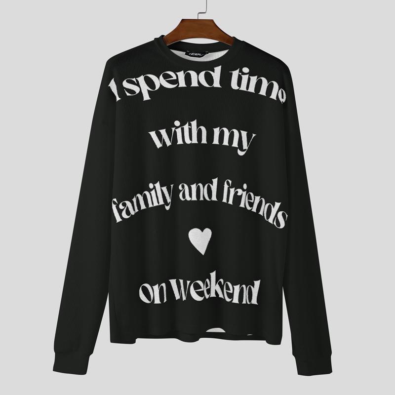 INCERUN Men Round Neck Long Sleeve Letter Print Casual Loose T-shirts Tops S чёрный
