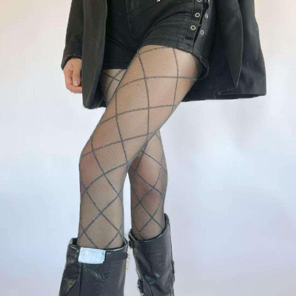 Silver Rhombus Jacquard Silk Stockings for Women - Ultra-Thin, Bling, Milky White, Slimming, Retro Black Base.