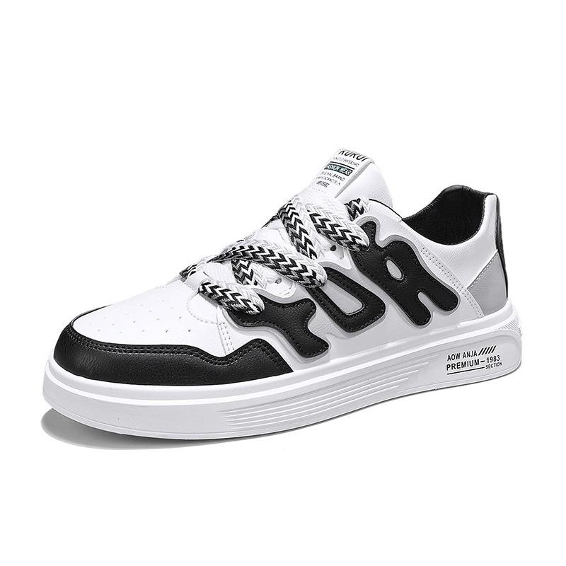 Sports Leather Surface Contrasting Color Breathable Flat Men'S Shoes Low-Top Lace-Up Daily Leisure Work Board Shoes