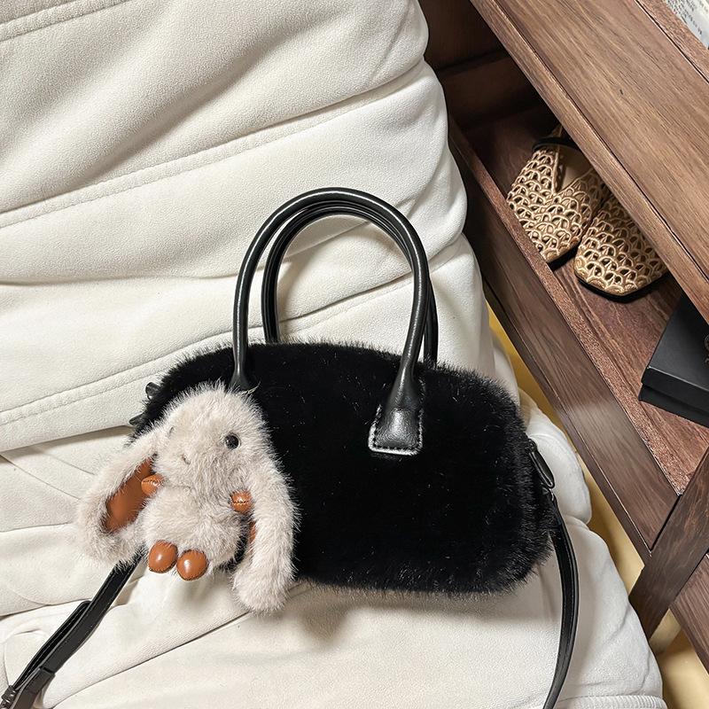 Solid Color Faux Fur Women's Small Shoulder Bag Simple Handle Crossbody Bag Casual Female Clutch Purse with Cute Rabbit Pendant