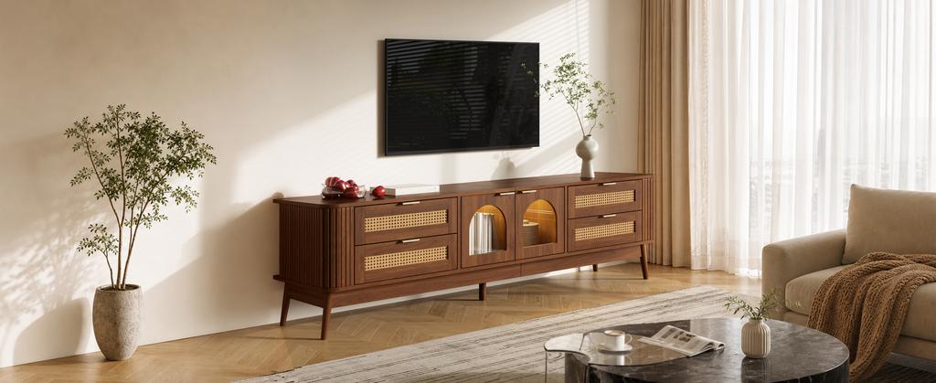 TV Cabinet, Tempered Safety Glass Doors, App-Controllable LED Lighting, Living Room Storage Cabinet, Chipboard, Solid Wood Legs, Four Drawers