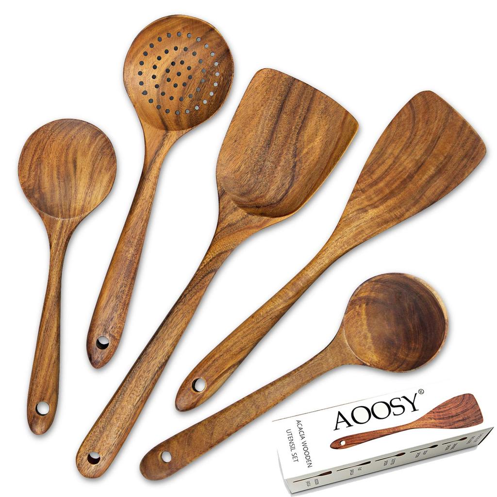AOOSY 5-Piece Kitchen Utensil Set, Natural Wood, Includes Wok Rice Paddle, Spatula, Turner, Skimmer, Ladle, Soup Spoon, and Large Ladle, with Box