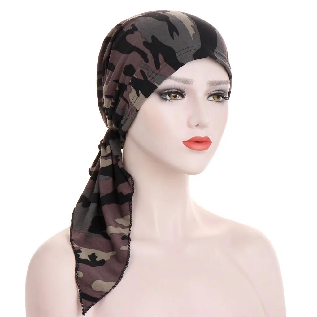 Women Printed Turban Cap Muslim Hijab Inner Caps Beanies Bonnet Long Tail Headscarf Strech Bandana Hat