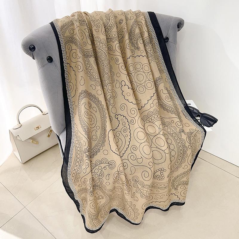 Retro Designer Plant Flower Print Scarf Women's Thin Exterior with Premium Air-conditioned Room Shawl