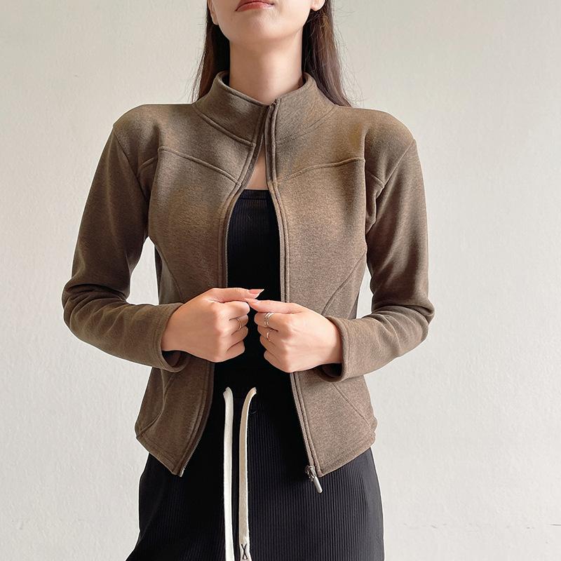 Giacca da donna slim fit con colletto alla coreana in finta lana con cerniera, cappotto casual a maniche lunghe tinta unita