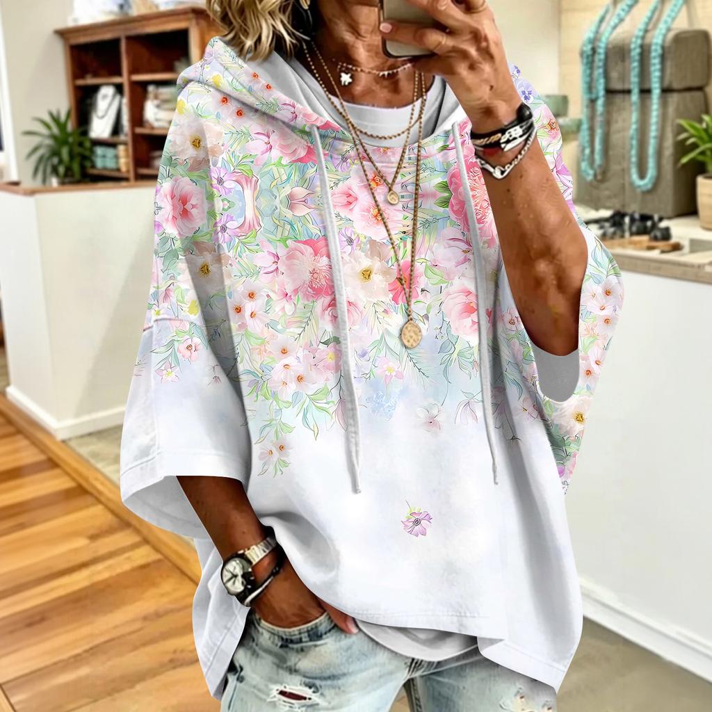 Women's Vintage Floral Print Drawstring Hoodie Loose Fit Casual Sweatshirt Top