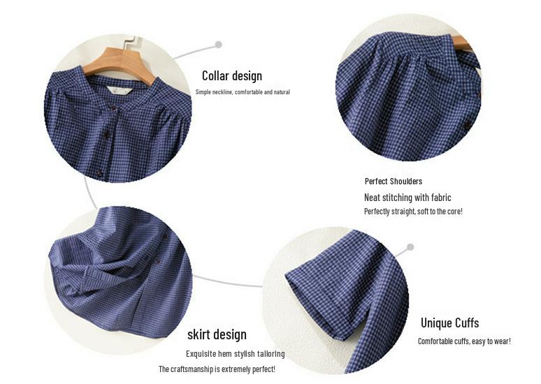 Japanese Style Blue Plaid Cotton Linen Shirt Dress for Women - Summer Short Sleeve Long Layered Design
