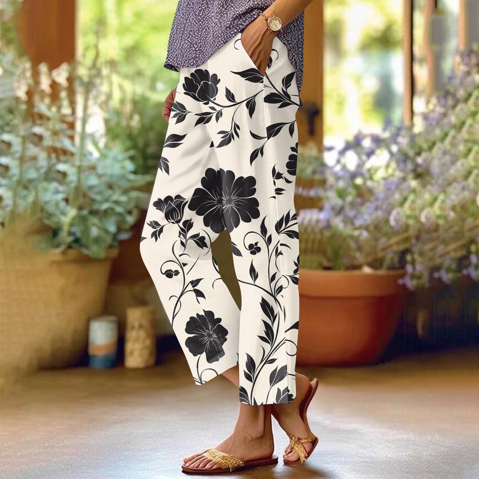 

Женские модные повседневные брюки с цветочным принтом, прямые брюки с карманами и эластичной талией S чёрный