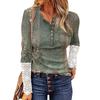 Women's Round Neckline With Buttons Slim Soild Printed Stitching Lace Long Sleeve Top
